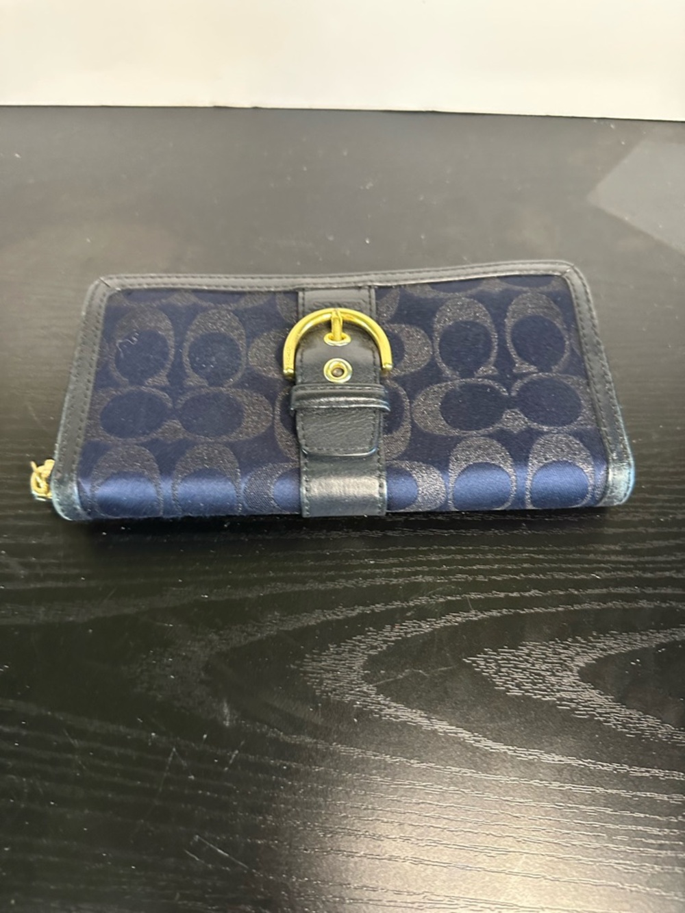 Coach SoHo Metallic Navy Signature Canvas Zip Card Holder with Gold-Tone Buckle